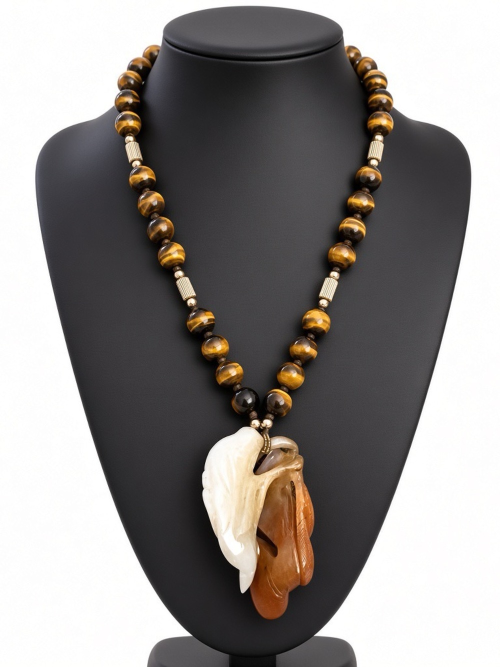 Vintage 14K Gold Tiger Eye Bead Necklace with Carved Two-Tone Jade Fish Pendant